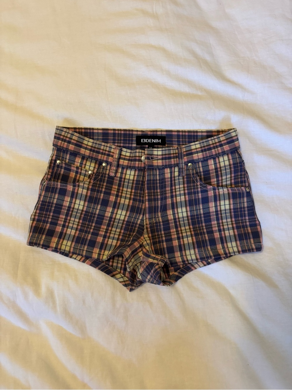 EB Denim Plaid Jean Shorts in Navy & Pink